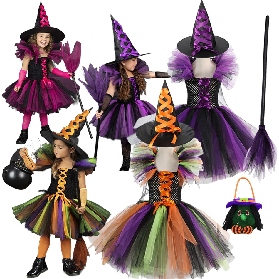 

Girls Halloween Cosplay Witch Costume Children Carnival Vestidos Party Infant Witch Fancy Dress Clothing Set Bag Hat