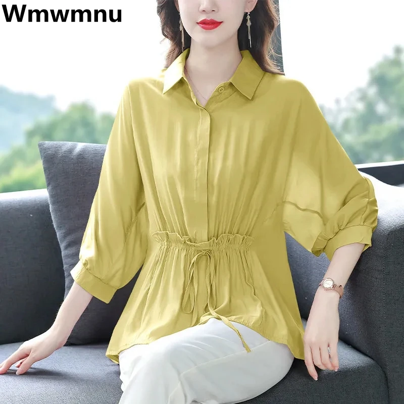 

Блузка женская оверсайз с регулируемой талией, элегантный топ из хлопка и льна, Свободная Повседневная рубашка в Корейском стиле, с рукавом ...
