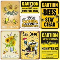 Happy Bee Vintage Metal Plaques Tin Poster Warning Sign Garden Fence Apiary Farm Wall Retro Decor Metal Posters Iron Paintings