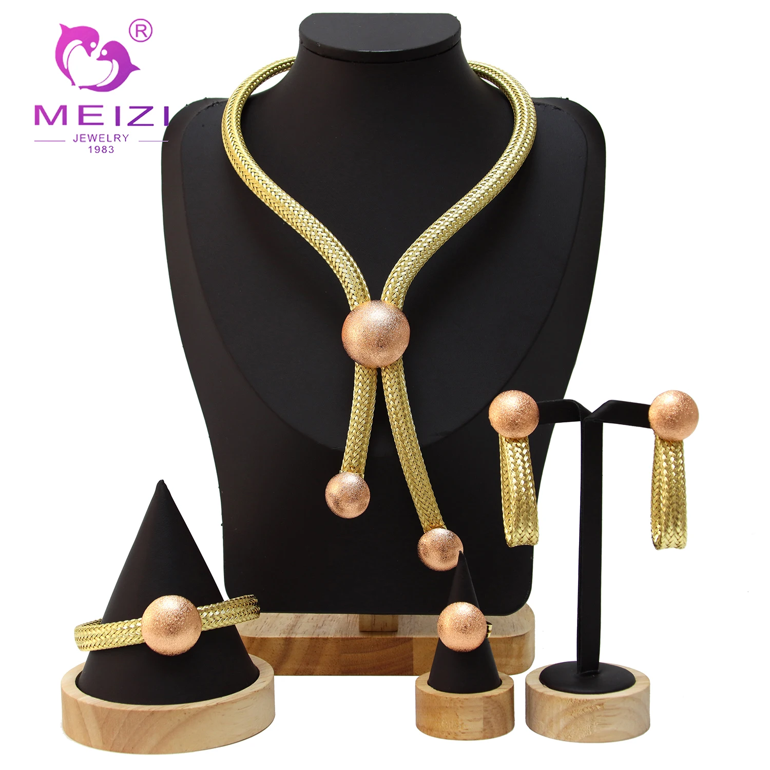 Fashion Jewelry Set  For Women Uniquely Shaped 24k Gold Plated Wedding Jewelry Big Necklace Bracelet Ring Earrings Banquet Gift
