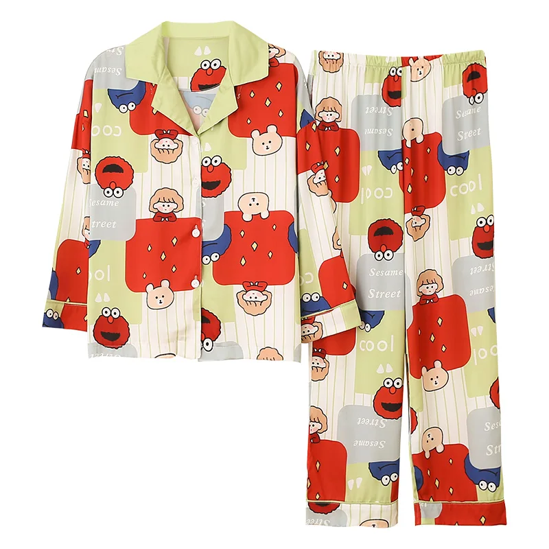 

Пижама женская шелковая с длинным рукавом и отложным воротником, 2 шт.