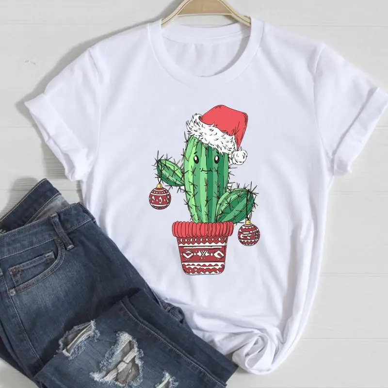 

Women Trend Cactus Plant Trend 90s Merry Christmas T-shirts Cartoon Fashion New Year Top Graphic Tshirt Holiday Travel Tee