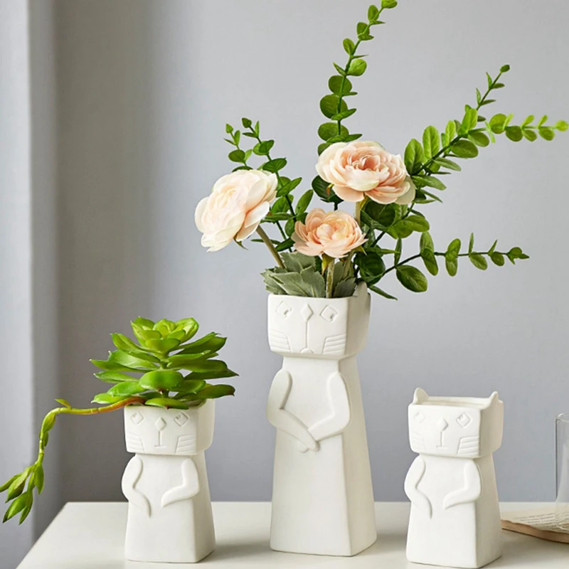 Cartoon Kitten Vase White Ceramic Flower Vase Centerpiece Cat Ornament Home Accent Geometric Decorative Vase S/L images - 6