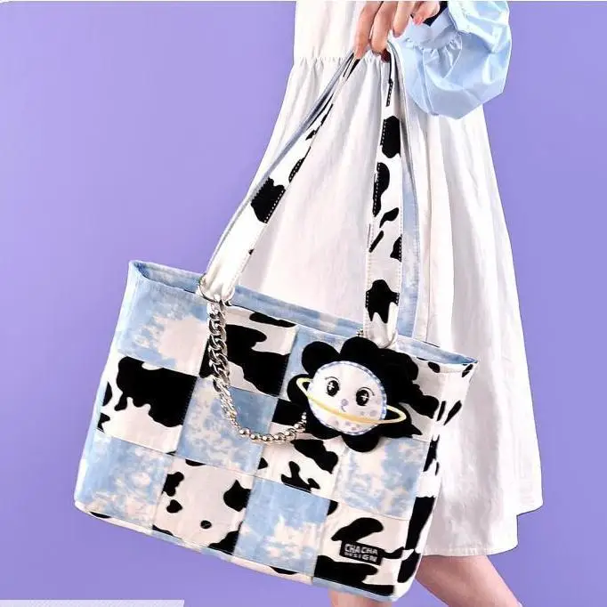

Cute Japanese Planet Kawaii Cow Print Tote Bag Women Bag High Capacity Shoulder Bags Storage Bag Denim Canvas Bag Shopping Bag
