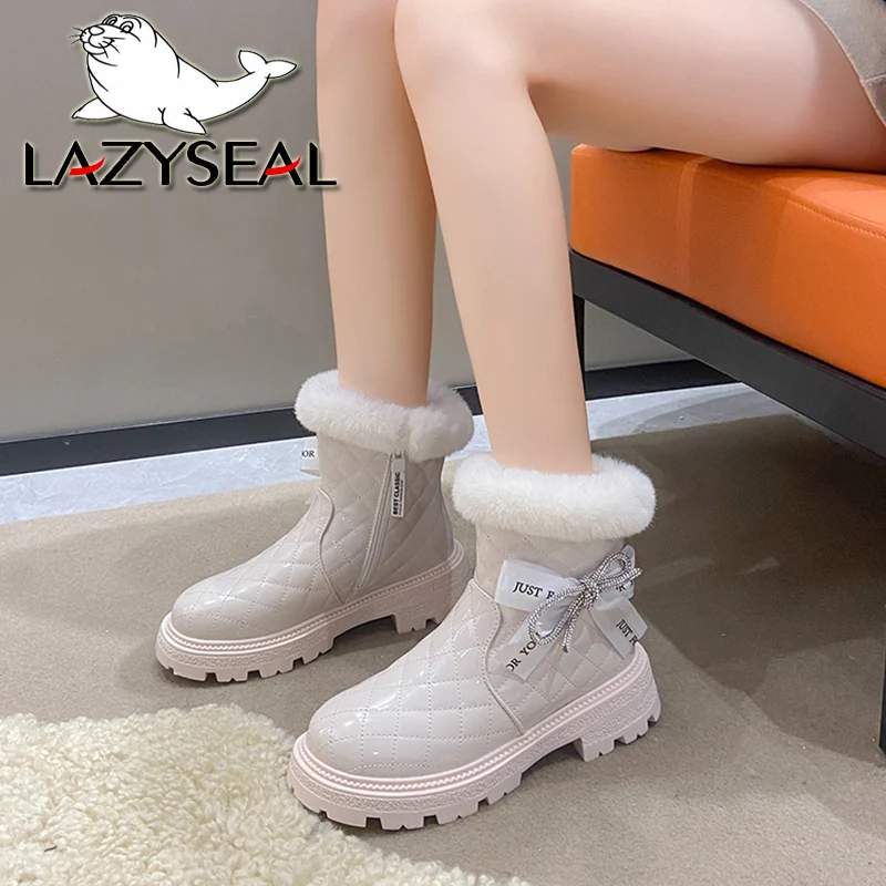 

LazySeal Crystal Butterfly Decoratio Ankle Boots Soft Fur Women Snow Booties 5CM Square Heel Woman Winter 2022 Chaussure Femme