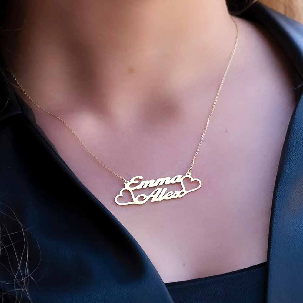 Custom Two Name Necklace for Women New Stainless Steel Gold Thin Chain Nameplate Heart Pendant Necklace Jewelry Birthday Gifts