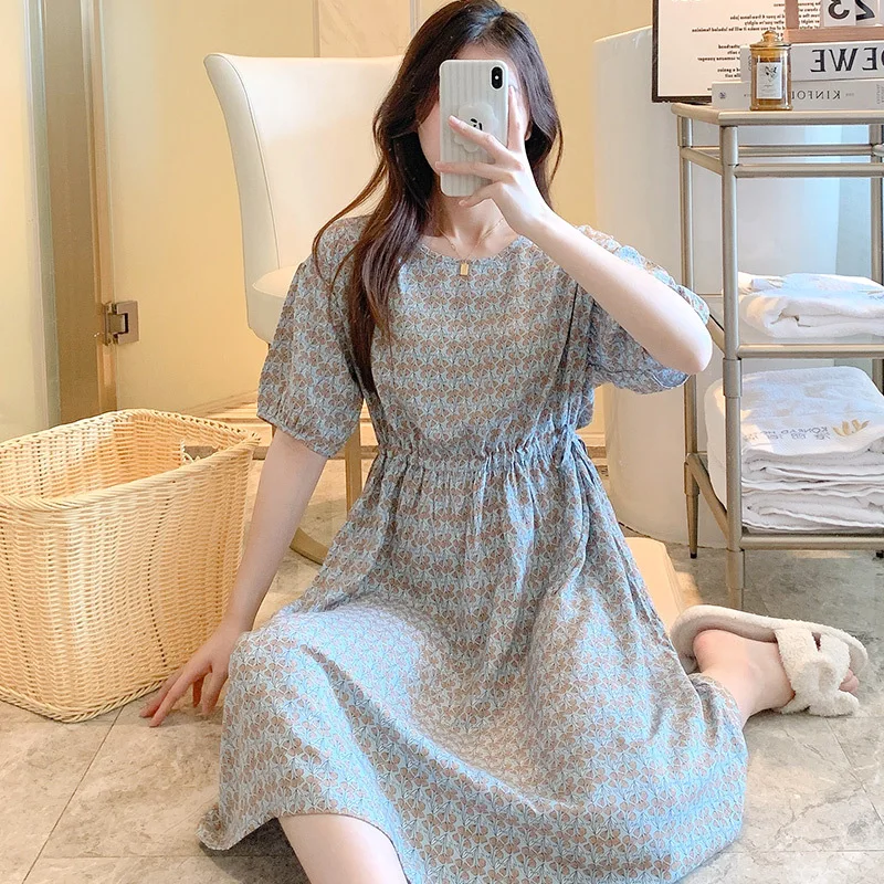 2023Summer Short Sleeved Pajamas Women's Thin Cotton Silk Pajamas Home Wear Waist drawstring Fresh Oversized Cotton Silk Dresse