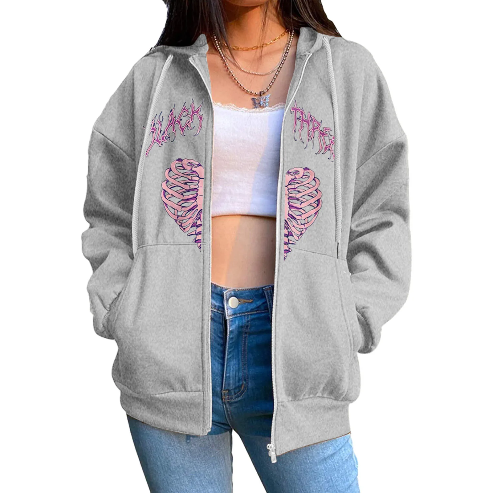 Женская толстовка с капюшоном и принтом черепа на молнии |