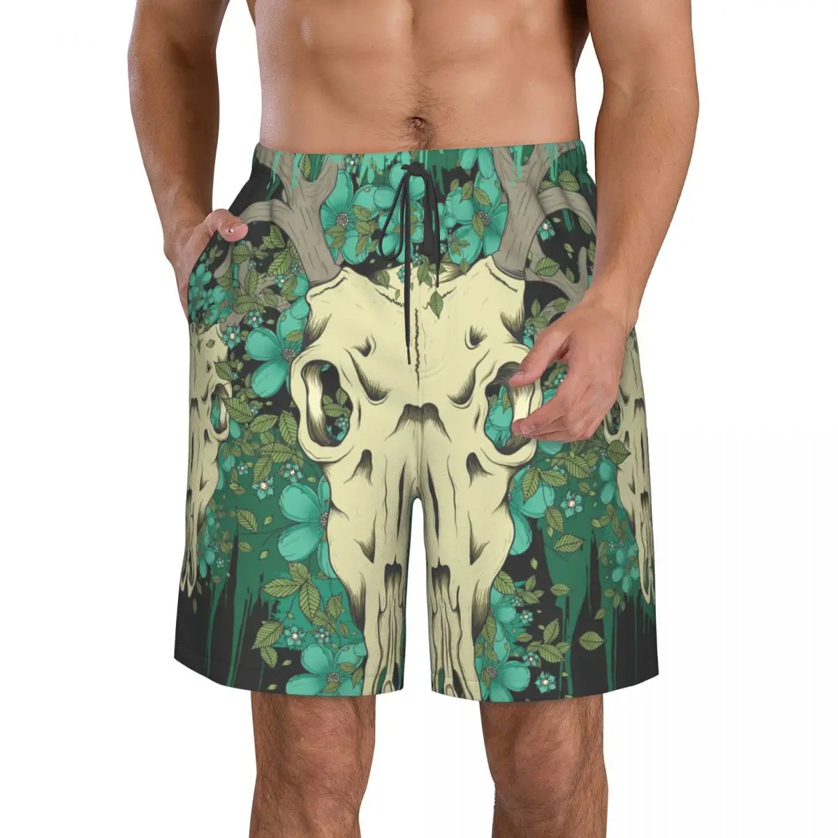 

Быстросохнущие летние мужские пляжные шорты, трусы для мужчин, плавки, Шорты для плавания, пляжная одежда с черепом оленя
