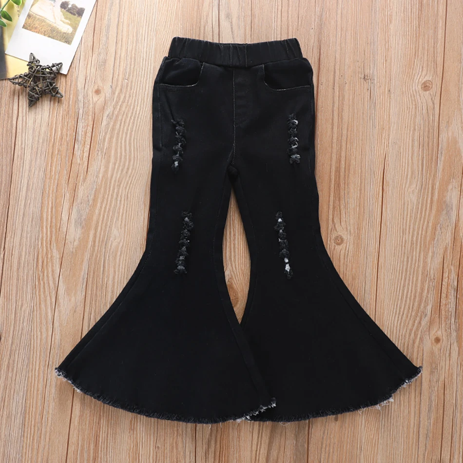 Элегантные игривые черные эластичные расклешенные джинсы для маленьких девочек
