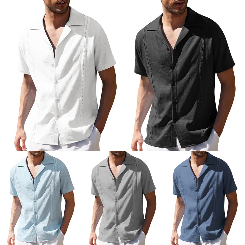 Men Linen Shirts Casual Summer Solid Handsome Men Retro Autumn Shirts Short Sleeve Beach Blouse Tops