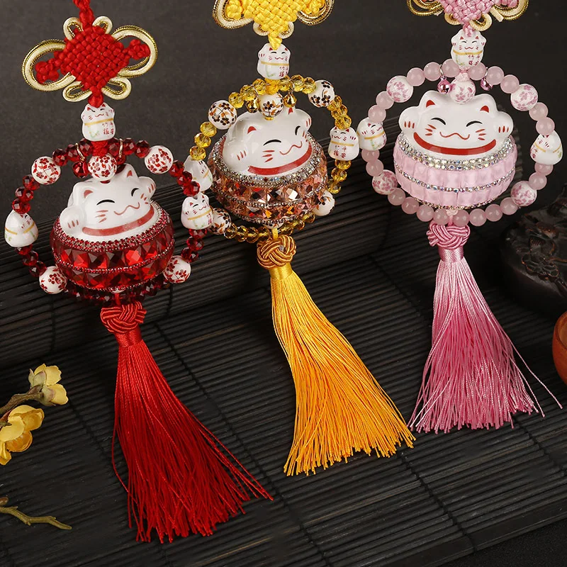 

1 PC High Grade Ceramic Lucky Cat Rhinestone Crystal Hanging Ornament Cute Safe Peace Good Fortune