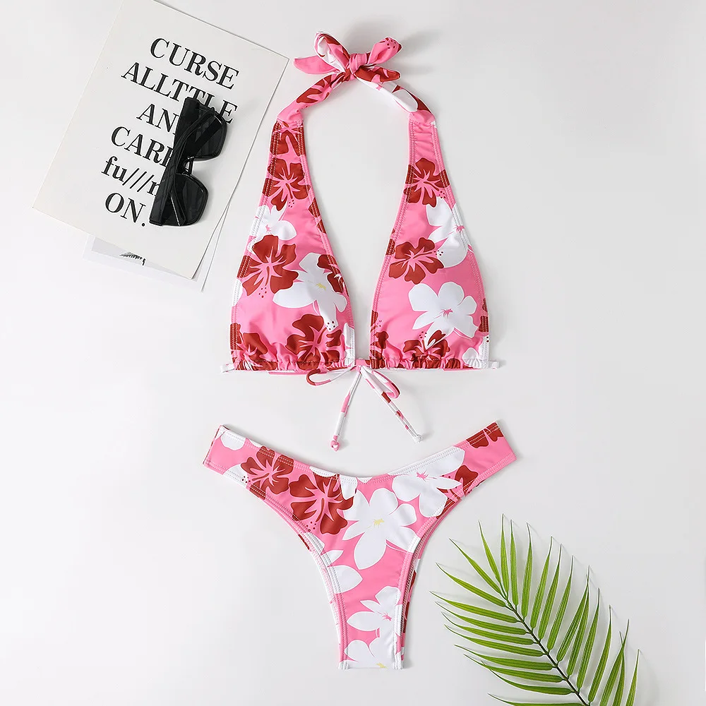 

2022 Sexy Halter Retro Print Bandage Bikini Set Bathing Suit Ladies Swimsuit Low Waist Swimwear Summer Beachwear