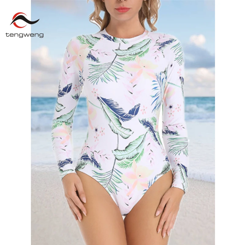 

Tengweng Long Sleeve Rash Guard Women Swimwear Zipper Back One Piece Swimsuit High Neck Diving Suit Surfing Suit Pad Bath Suit
