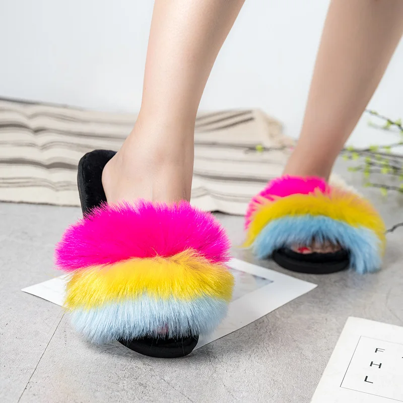 Autumn-Winter 2022 New Plush Women's Slippers Europe And The United States Cotton Rainbow color Fashion Casual Women's Slippers