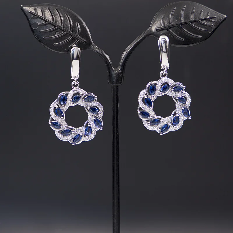 Синий камень круг серебро 925 бижутерия для женщин серьги-капли ожерелье комплект