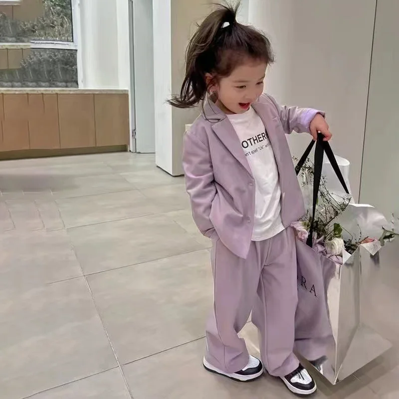 

Spring Autumn Girls 2 Pcs Set Toddler Blazer + Suit Pants Kids Suit Baby Outfit Children Fashion Clothes Lavender 3-8Y