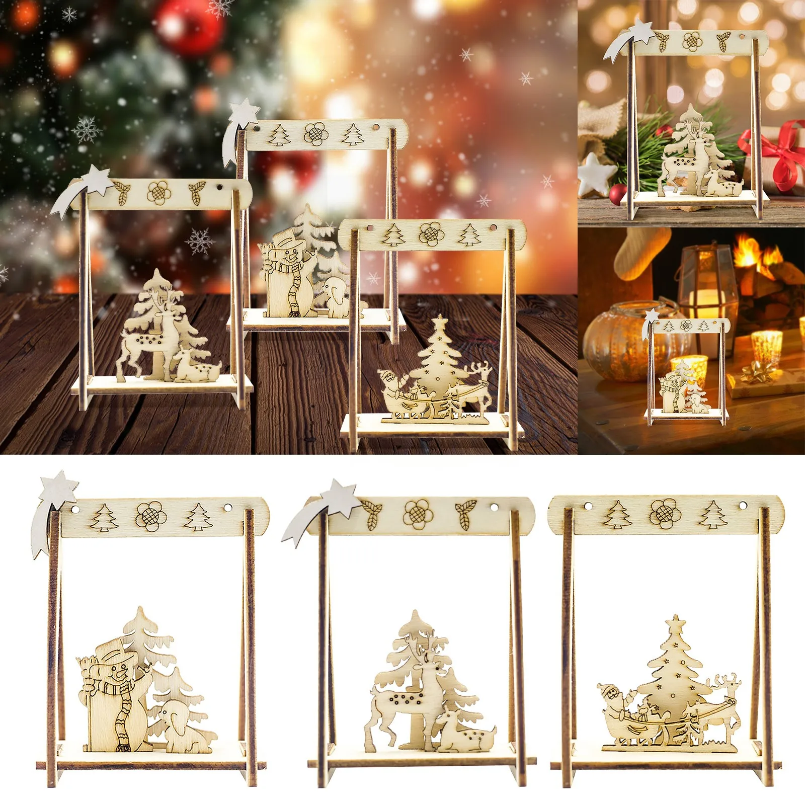 

New Christmas Wooden Ornaments Creative Christmas Desktop Decorations Hollow Christmas Christmas Tree Ornaments for Small Tree