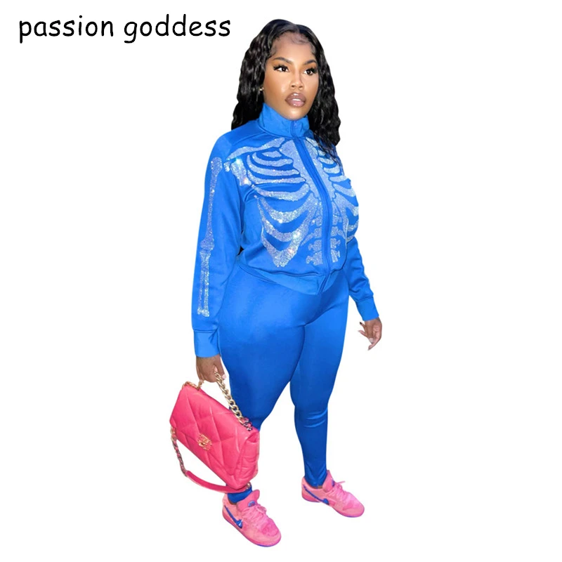 

Spring Autumn Casual Two Piece Set Women Outfits Rhinestone Skeleton Zip Up Jacket Top and Pants Skull Sweatshirt Tracksuit Suit