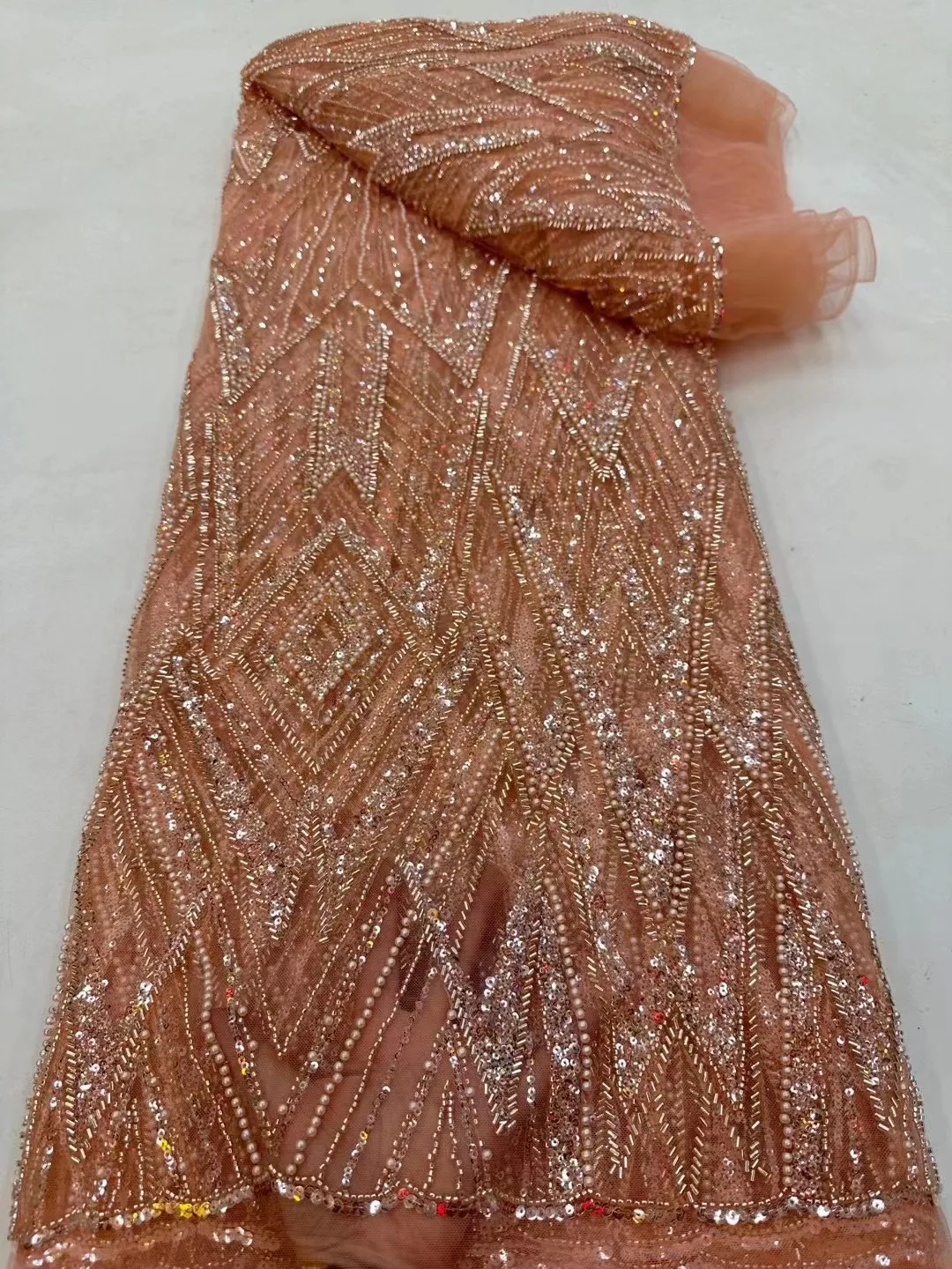 

Luxury African Heavy Bead Lace Nigerian Tulle Fabric 2023 High Quality French Beaded Tube Embroidery Fabric For Wedding Sewing