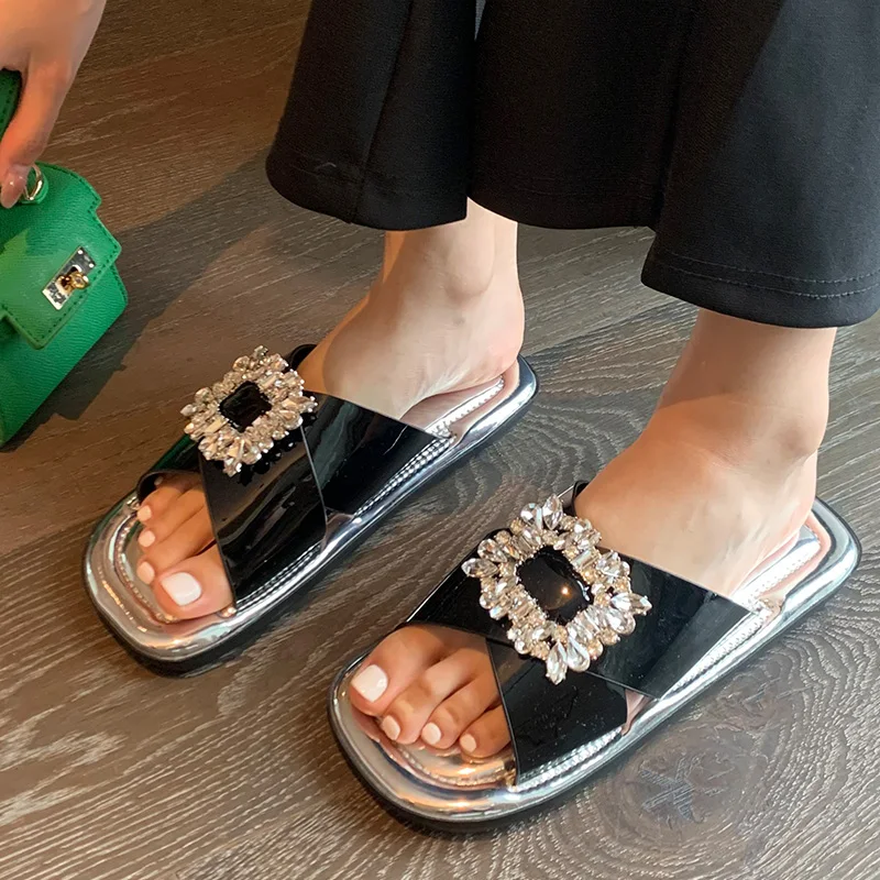 

New Slippers Ladies Flats Women Flip Flops Summer 2022 Rhinestones Casual Outside Female Shoes Sandals Peep Toe Rubber Slides