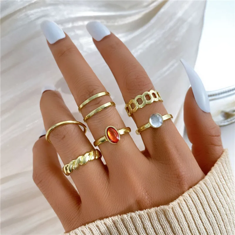 

LETAPI Bohemian Gold Color Hollow Metal Ring Sets Geometric Twist Crystal Open Adjustable Rings for Women Girl Wedding Jewelry