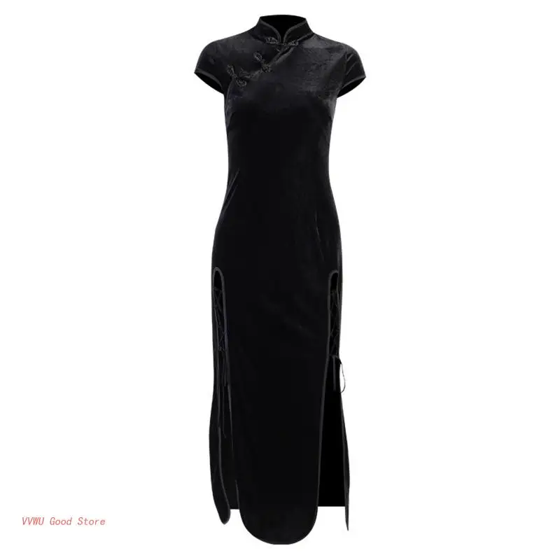 

Женское бархатное платье-Ципао с коротким рукавом и разрезом сбоку