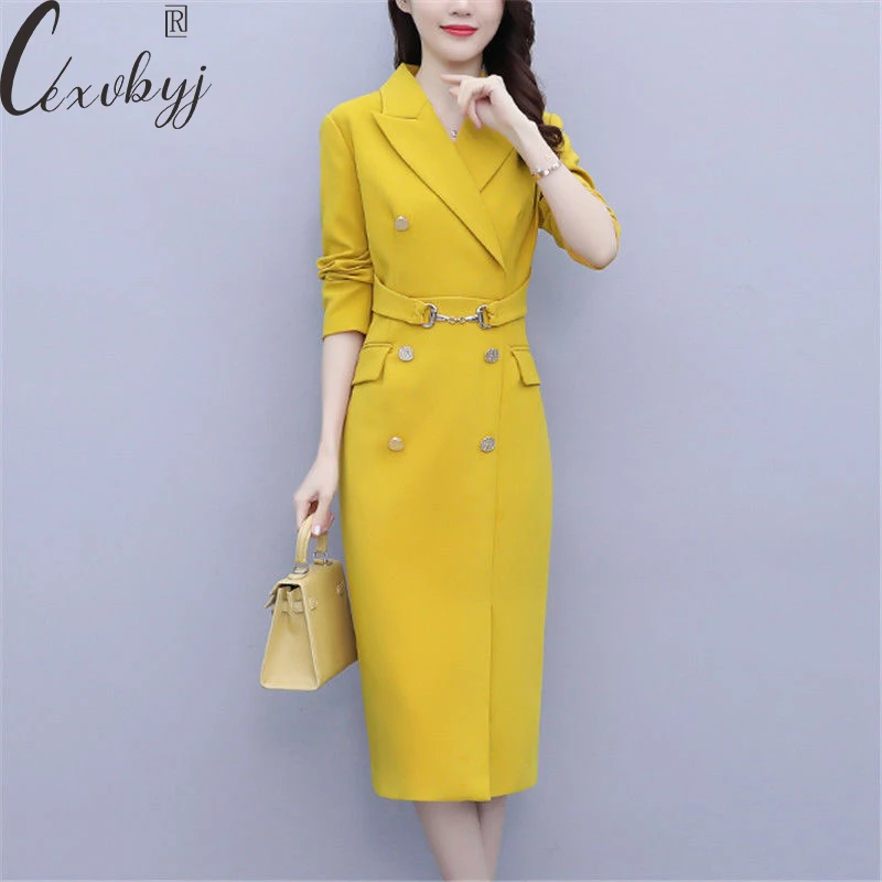 

Plus Size 5xl Women Bodycon Dress 2023 French Double Breasted Elegant Suit Dress With Belt Ladies Office Work Ol Long Dress