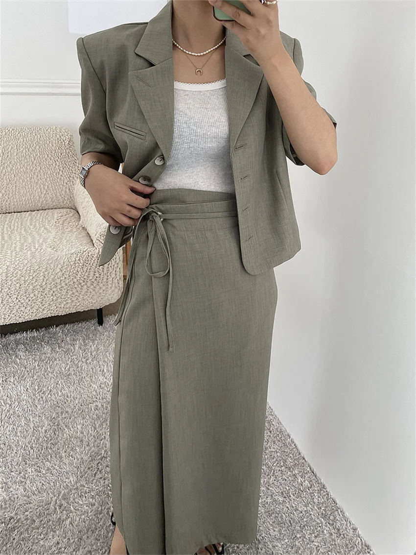 

HziriP Formal Women Two Pieces Sets Summer Thin Short Sleeve Blazers 2022 Chic Work Wear Lace Up Elegant Long Skirts Suits