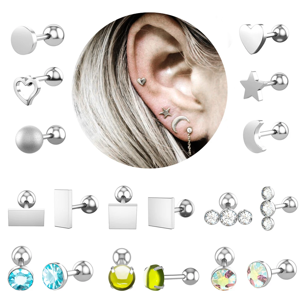 2pcs Women Men Heart Triangle Square Star Moon Zircon Stainless steel Piercing Ear Studs Earrings Helix Tragus Cartilage |