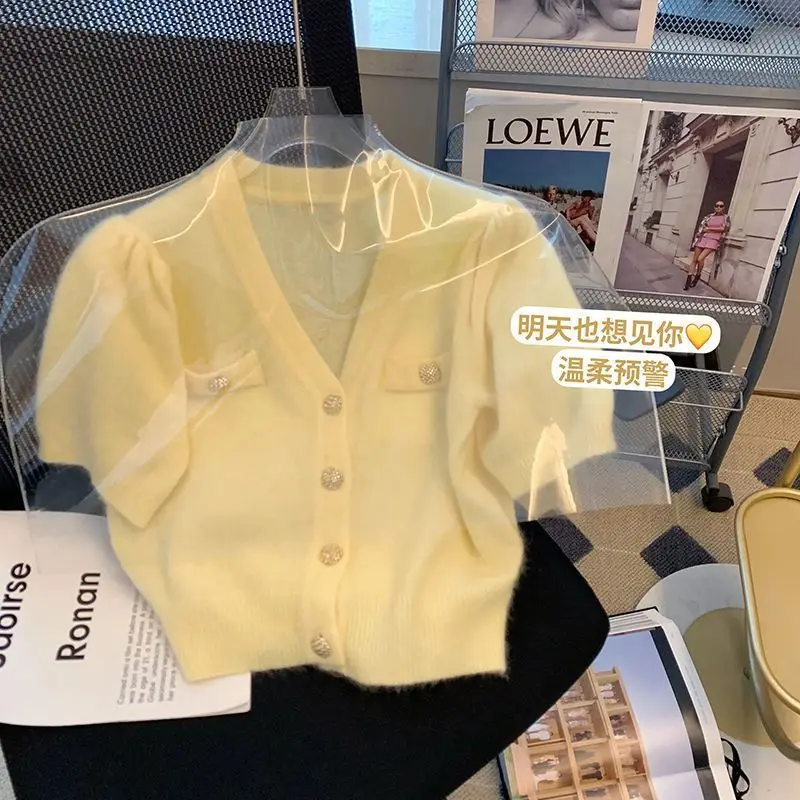

Women Cardigan 2023 New In Korean Fashion Summer V Neck Sweater Puff Short Sleeve Female Clothes