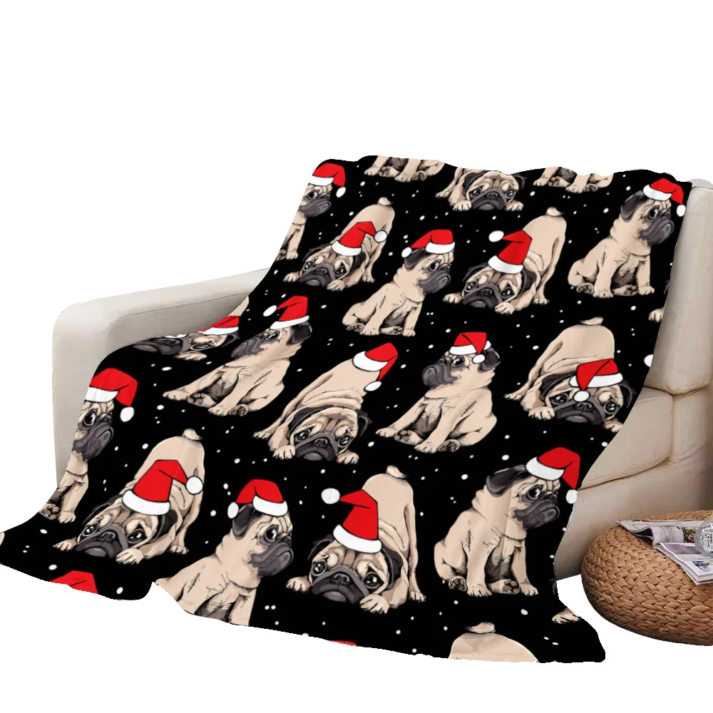 

Funny Pug Fleece Blanket Fuzzy Super Soft Flannel Throw Blanket for Bedding Couch Cover Plush Bedspread Cute Cartoon Dog Pattern