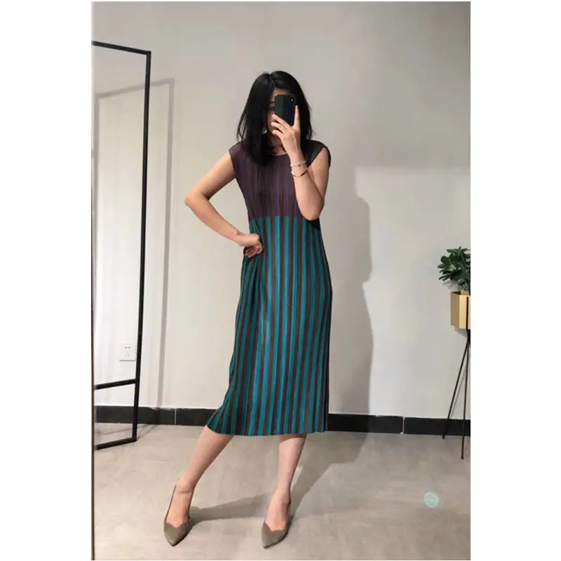 

Женское плиссированное платье без рукавов, облегающее платье с круглым вырезом, длинная юбка, лето 2023