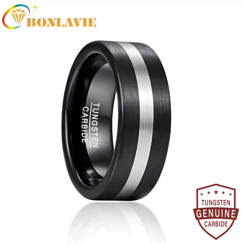 

BONLAVIE 8mm Width Tungsten Carbide Ring Black + Silver Color Surface Brushed Men's Tungsten Steel Ring