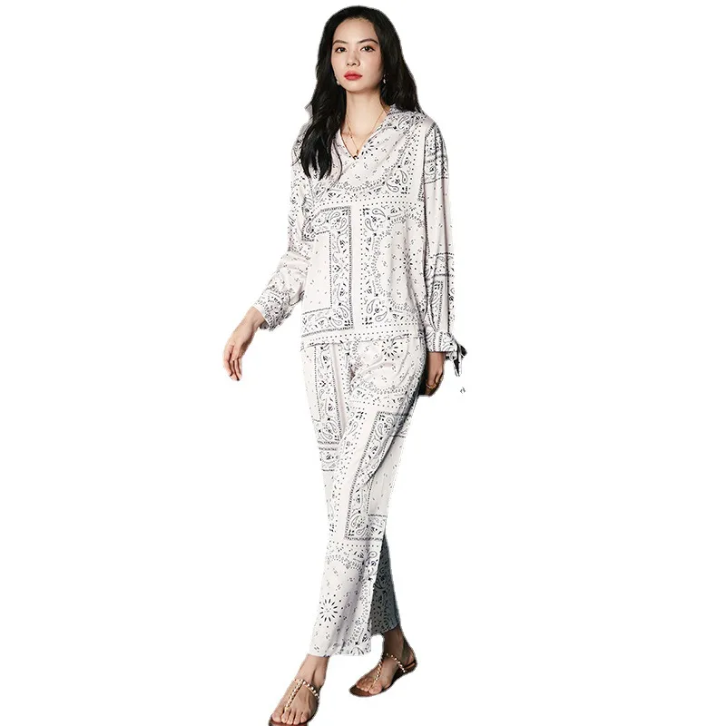 New women's pajamas long-sleeved women's ice silk satin home wear thin suit  women pajamas