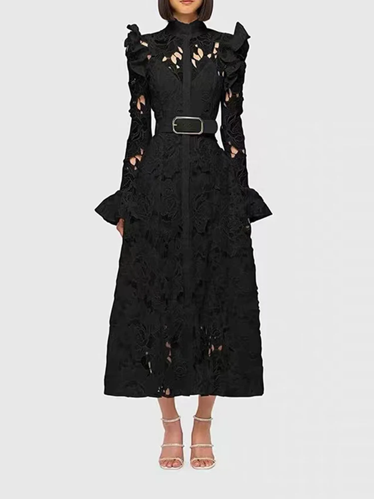

DesireFair French Niche Design 2023 New Square Neck Lace Splicing Waist-Length Solid Color Female Dresses