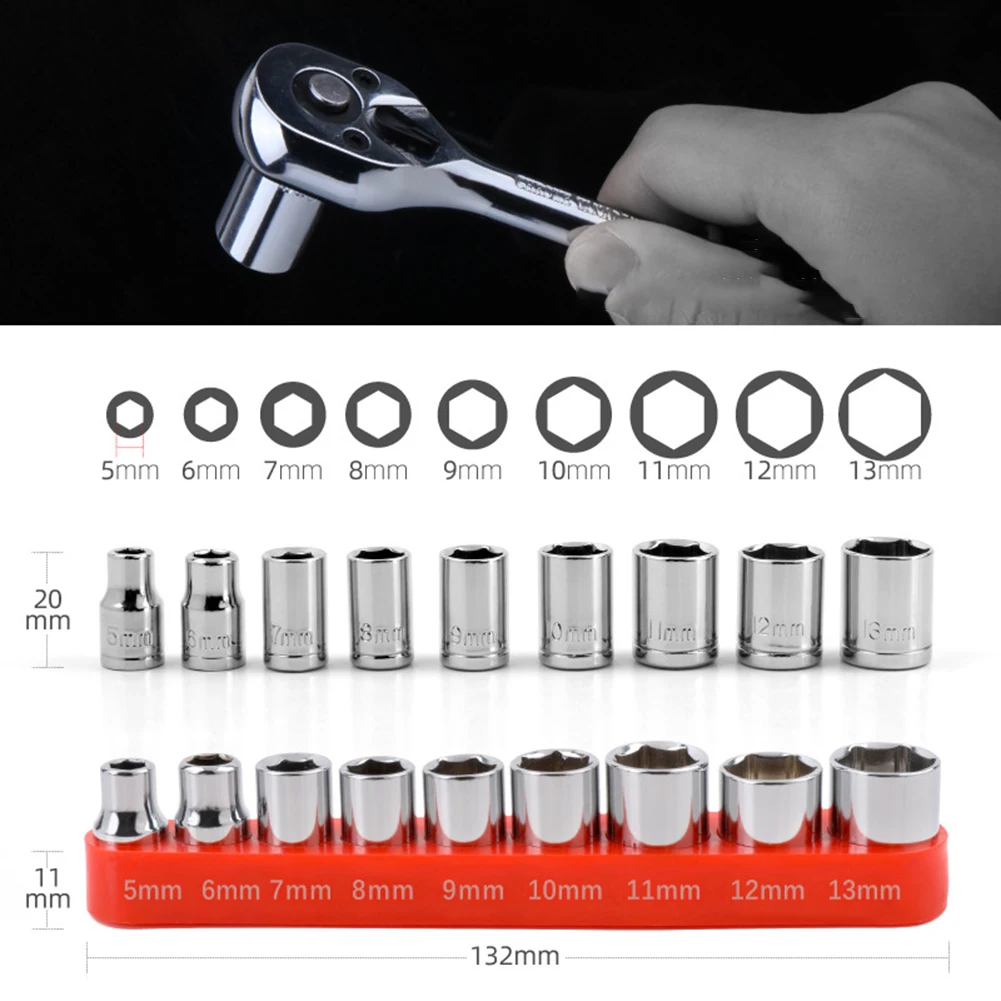 

9Pcs/Hex Sockets Spanners 1/4 Inch Drive 5-13mm Hex Bit Metric Socket Wrench Head Nut Removal Tool For Wrench/ratchet/power Dril
