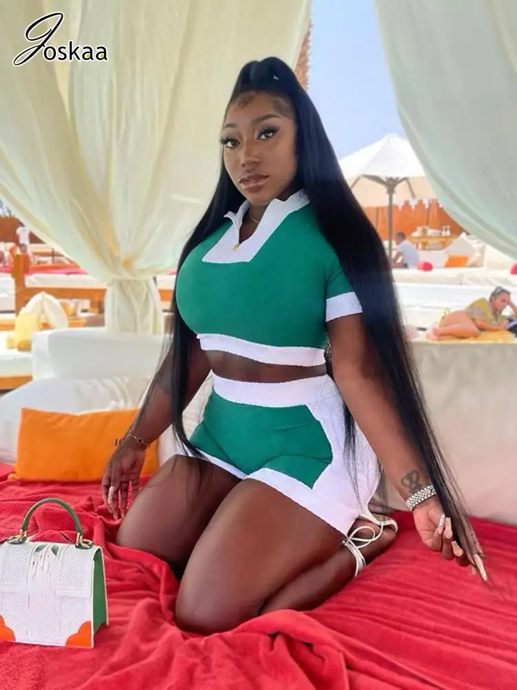 

Joskaa Knitted Patchwork Two Piece Set Women Casual Stand Collar Short Sleeve Top and High Waist Shorts Matching 2023 Streetwear