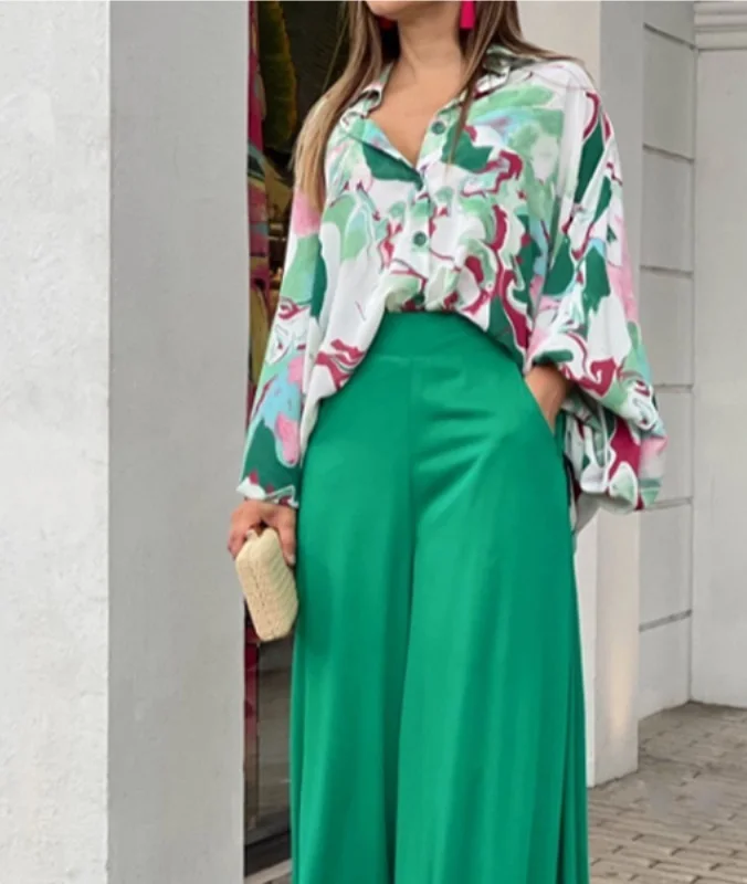 

Womens Two Piece Sets Sexy Long Puff Sleeve Shirt Elgant Solid Color Wide Leg Pants High Streetwear