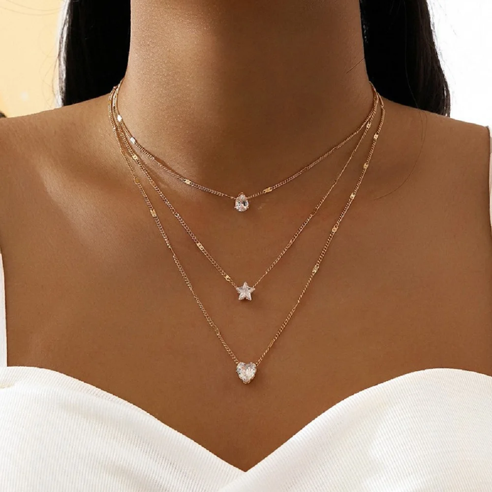 

Lost Lady Fashion Multilayer Pentagram Love Drop Zircon Pendant Necklace For Women Charm Ladies Vintage Necklace Clavicle Chain