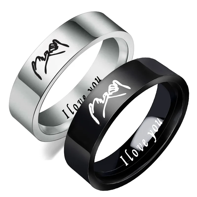 

2023 New Jewelry Cross-border I Love You Couples Titanium Steel Tail Ring Stainless Steel 6mm Ring Hand In Hand Ring