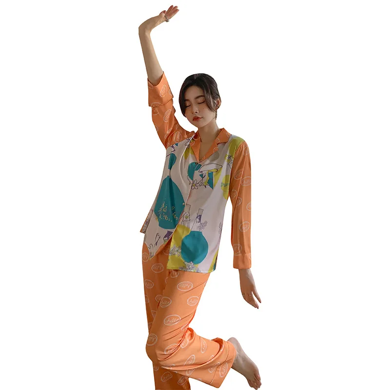 New pajamas women's imitation silk cute graffiti print fashion two-piece set pajamas for women