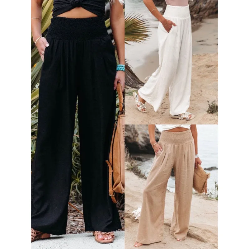 Fashion Women Solid Color Straight Pants Thin Casual Elastic Lace Up Cotton Long Female Daily High Waist Loose Wide Leg Trousers