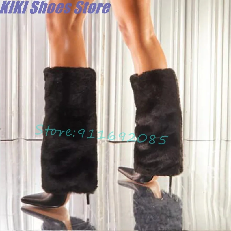 

Ботинки женские с меховыми брюками, длинные сапоги на шпильке, высокий каблук-труба, большой размер, розовые, белые