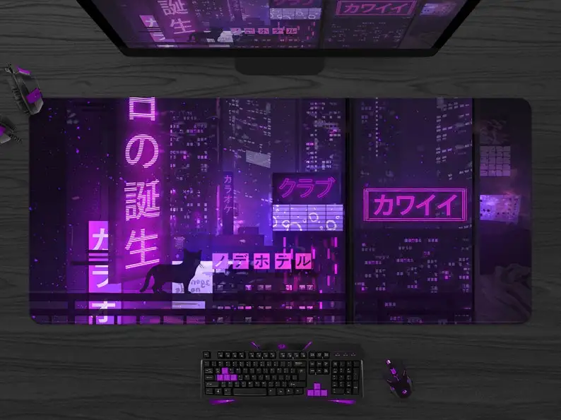 

Фиолетовый Неоновый коврик для игровой мыши, японский Настольный коврик, улица Токио, XXL Расширенный Аниме Коврик для мыши, очень большая кл...