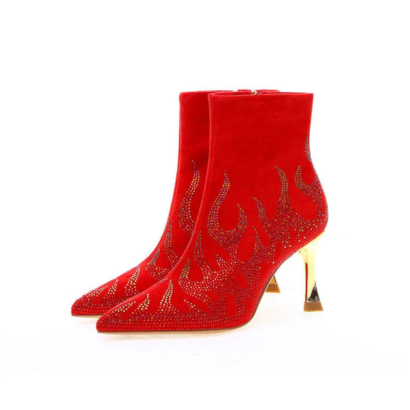 Ladies Luxury Crystal Thin High Heels Ankle Boots Women Sexy Pointed Toe Party Shoes Woman Fashion Back Zipper Short Boots Lady