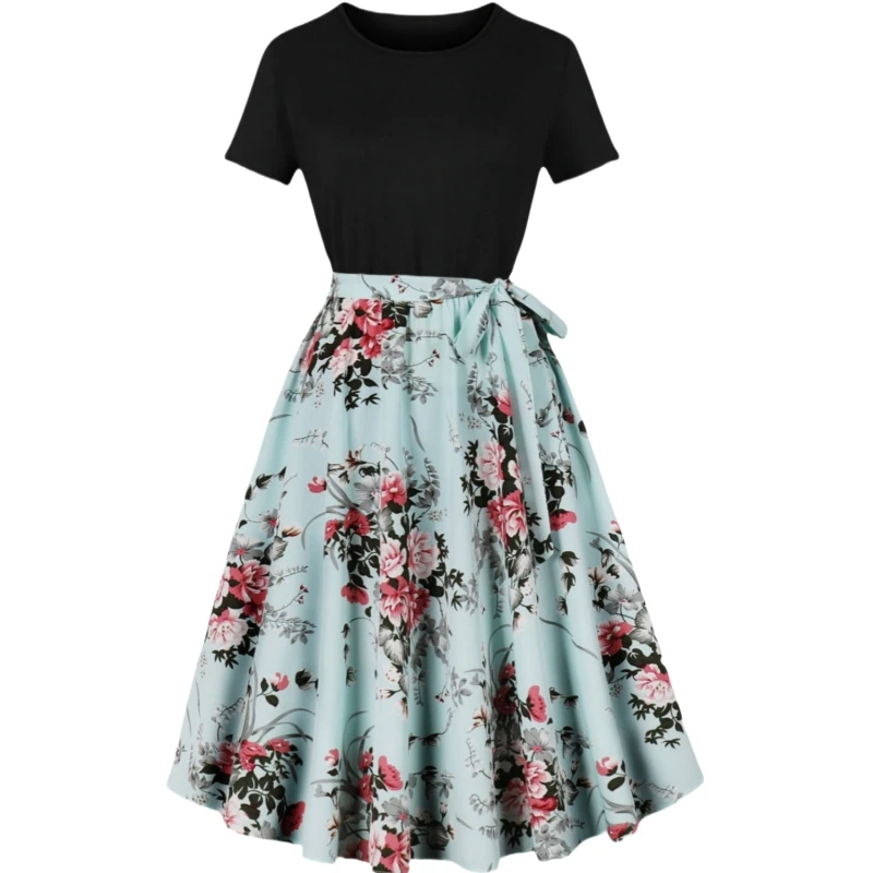 Элегантный пуловер с цветочным принтом круглым вырезом коротким рукавом талией