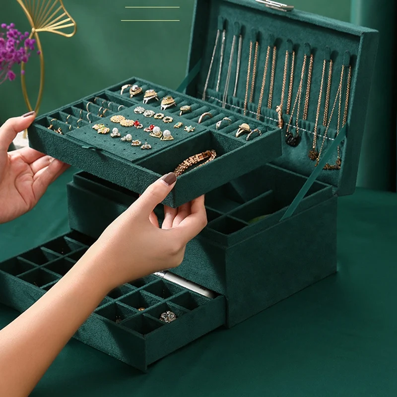 

Three Layer New Vintage Flannel Jewelry Box Earrings Earrings Rings Necklace Jewelry Storage Box Dark Green