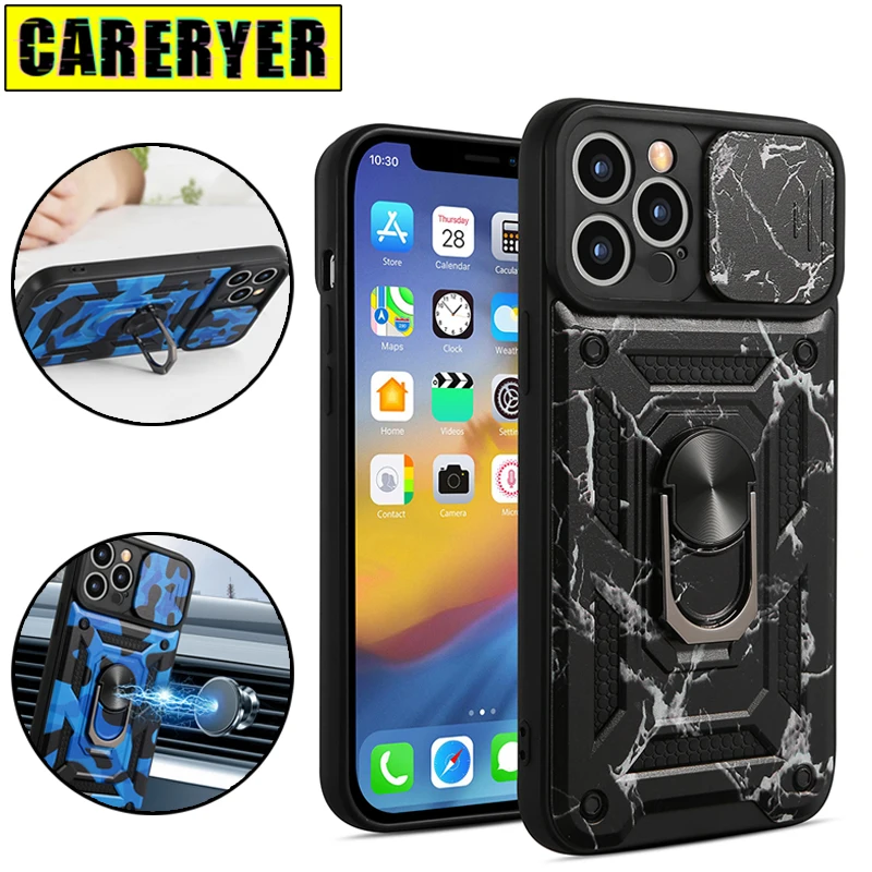 

Slide Camera Lens Shockproof Case For iPhone 11 12 13 Pro Max 13Mini Camouflage Ring Holder Cover for iPhone 7 8 Plus X XR XS SE