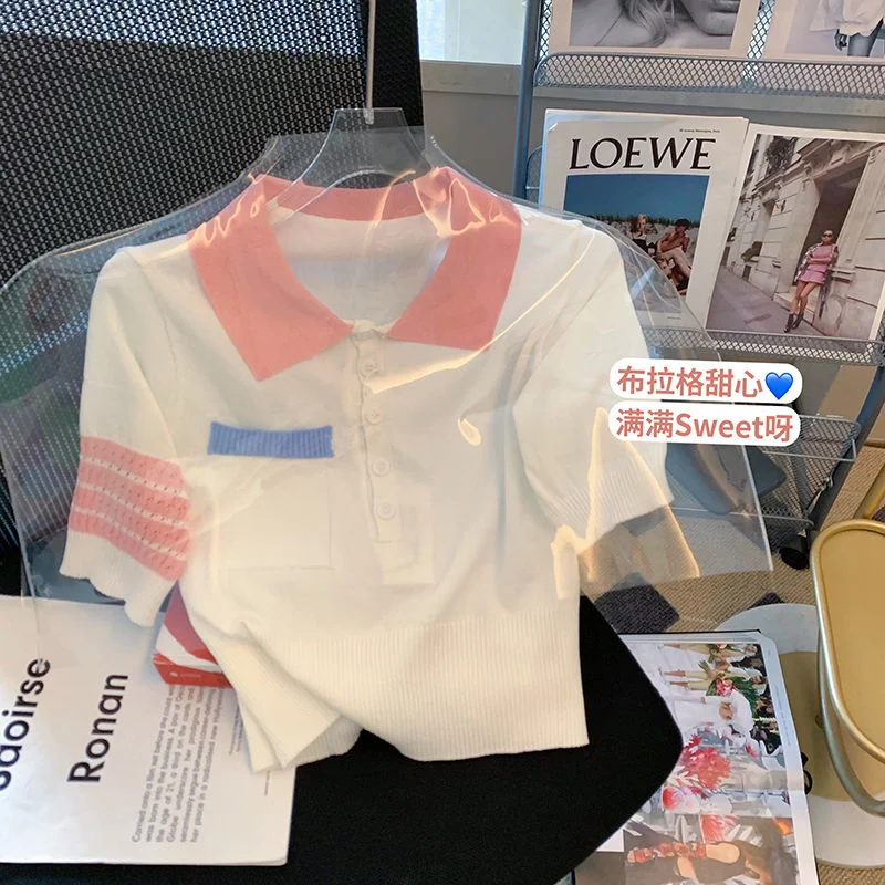 

OMCHION футболка с воротником-поло женский тонкий летний свитер 2022 корейские новые облегающие трикотажные топы с коротким рукавом